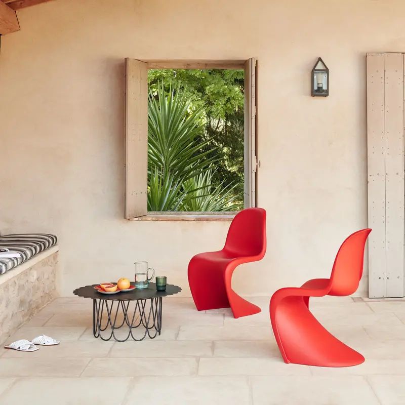 Panton Chair Classic by Vitra with Flower Table in an outdoor setting